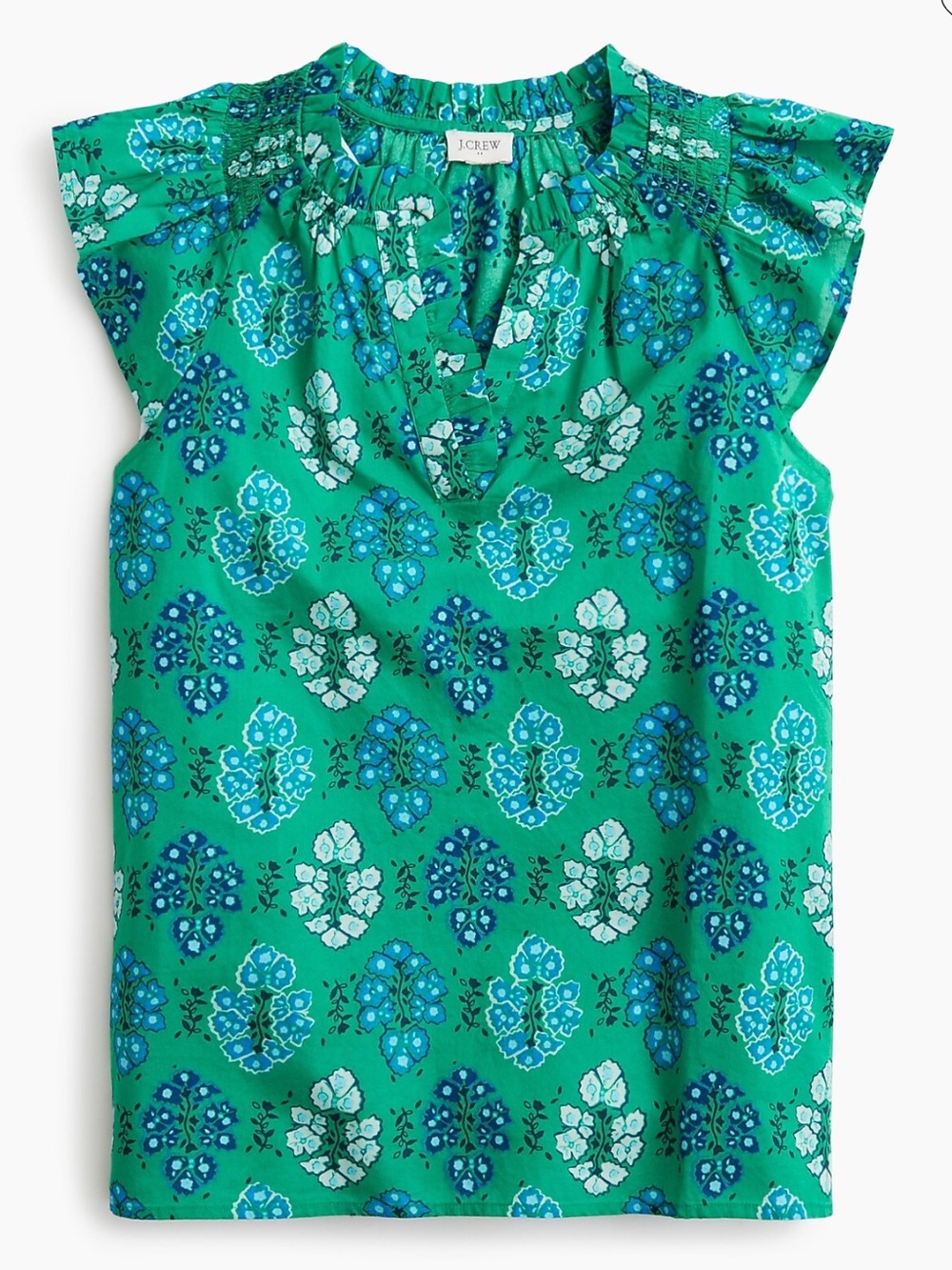 J. Crew Floral Cotton Flutter Sleeve V Neck Blouse Size S